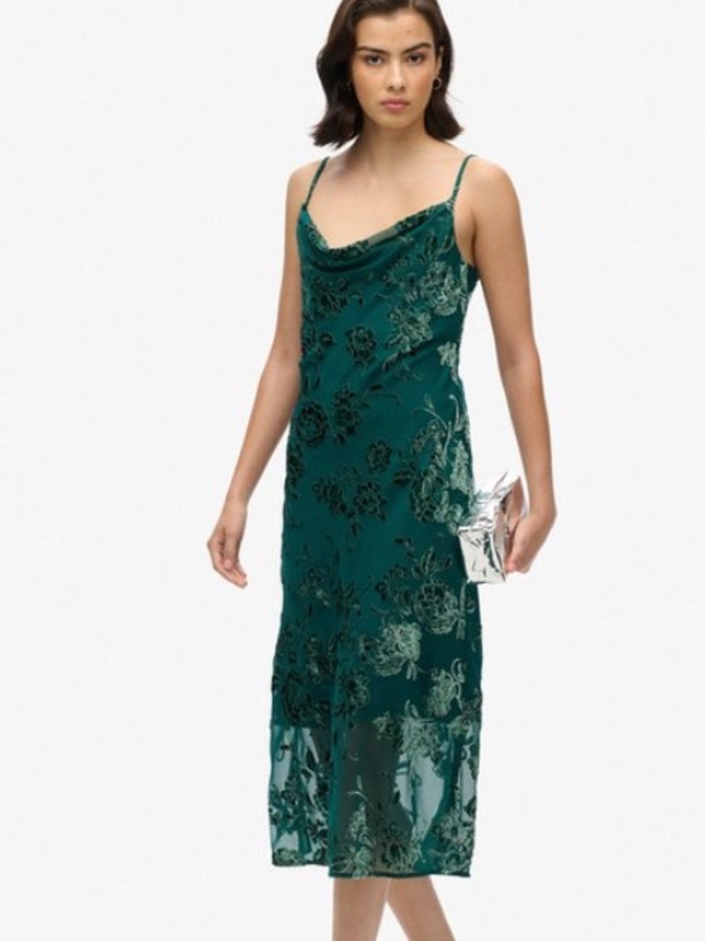 Womens Dark Forest Fairy Green Burnout Velvet Cowl Neck Tank Style Midi Dress SM